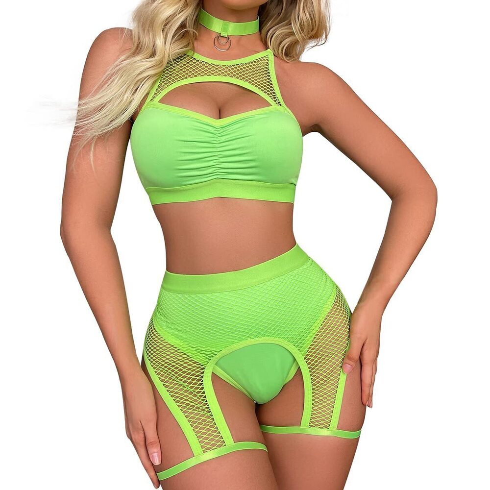 6110 Rave Outfits Cutout Fishnet Top High Waisted Booty Shorts Bottom
